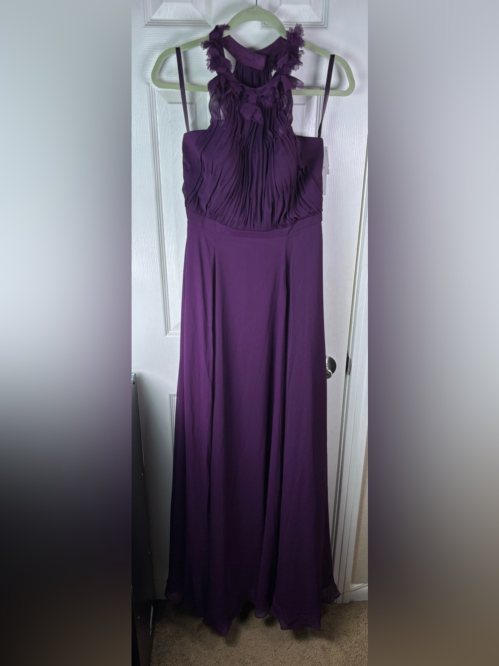 Morilee Elegant Purple Halter Maxi Dress with Floral Neckline - Picture 12 of 15